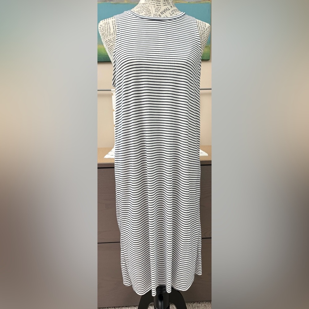 Women’s High Neck Swim Cover-Up Dress White Navy Blue Stripes Knit Knee Length L